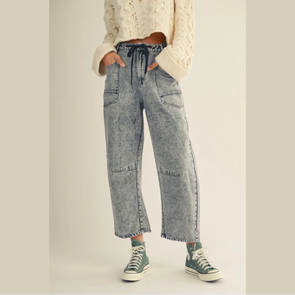 Acid Wash Wide Leg Drawstring Jeans